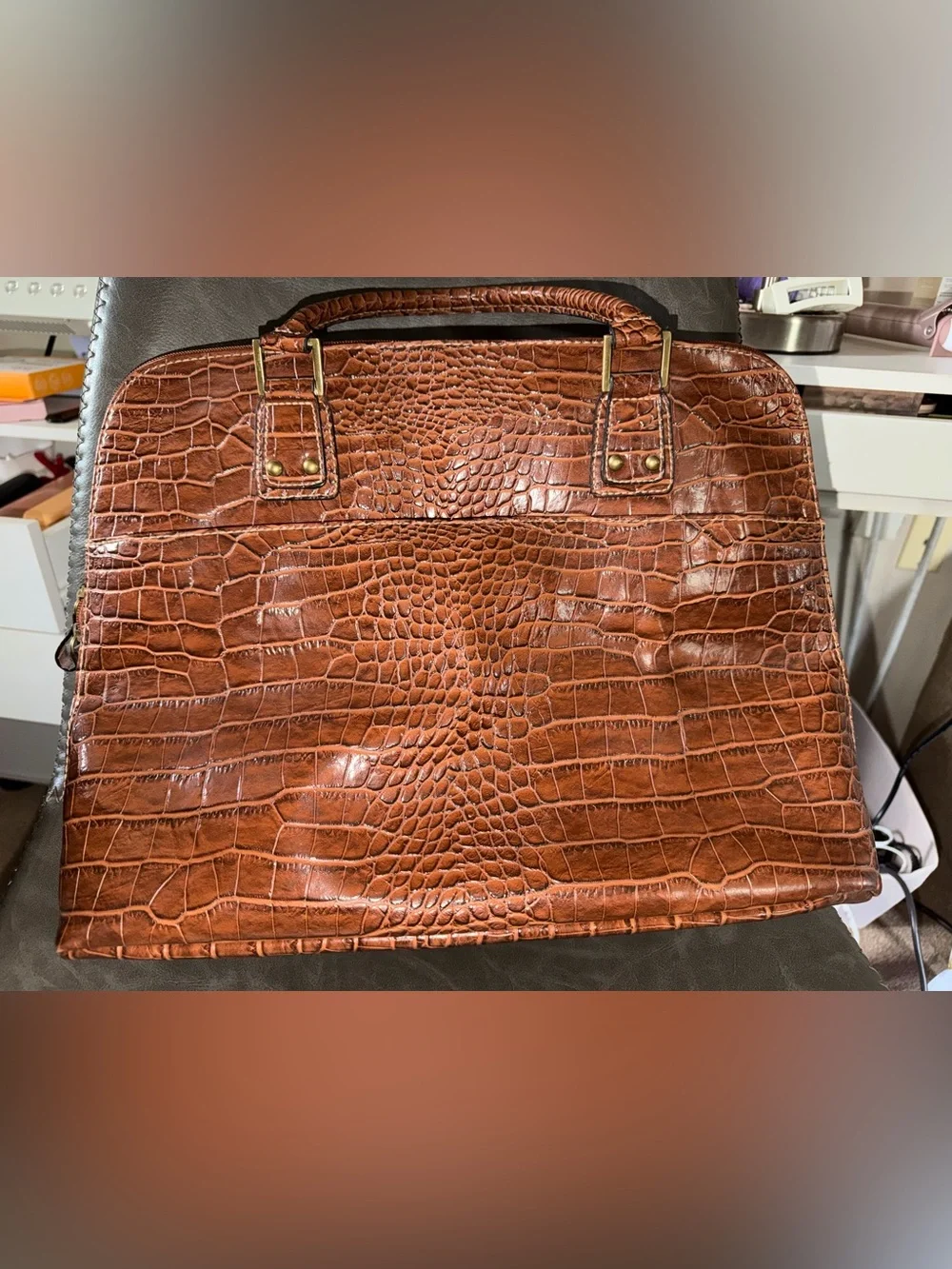 Croc-Embossed Brown Tote Bag - Classic Leather Look